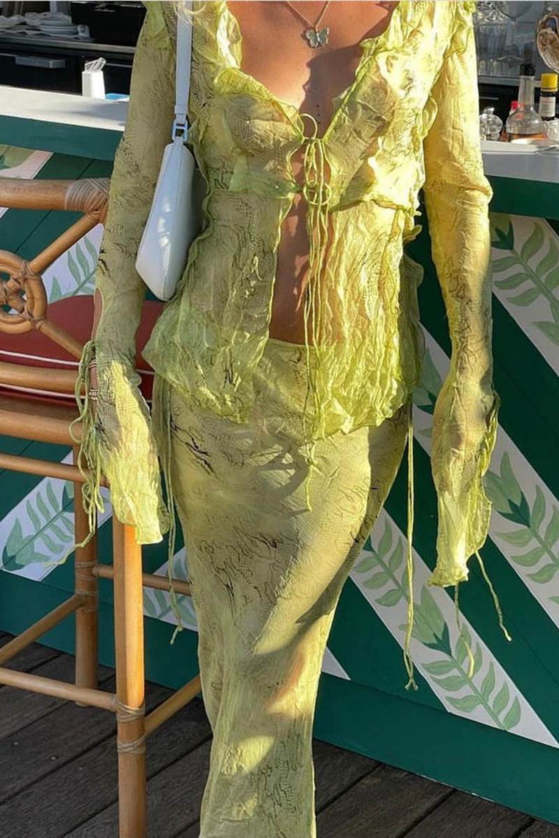 Transparent Sæt med Slå-om Top og Lang Nederdel | Chiffon | Boheme & Trendy