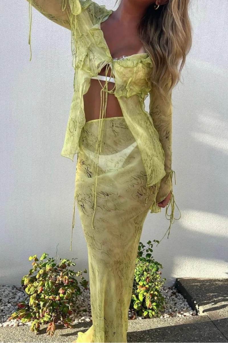 Transparent Sæt med Slå-om Top og Lang Nederdel | Chiffon | Boheme & Trendy