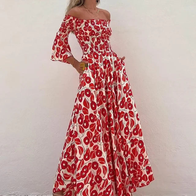 Felicity - Off shoulder midikjole med fedt rødt print