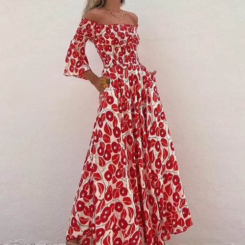 Felicity - Off shoulder midikjole med fedt rødt print