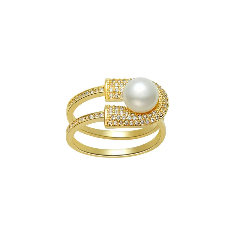 Cassia - split band ring med central perle og pavé indstilling