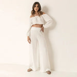 Helena off-the-shoulder crop top og brede ben bukser sæt