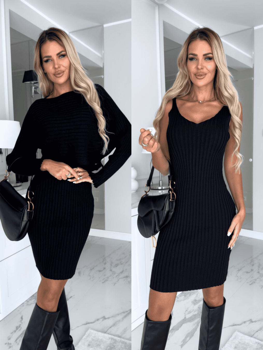 Ribstrikket Kjole og Sweater Sæt | Akryl | Elegant og Alsidig