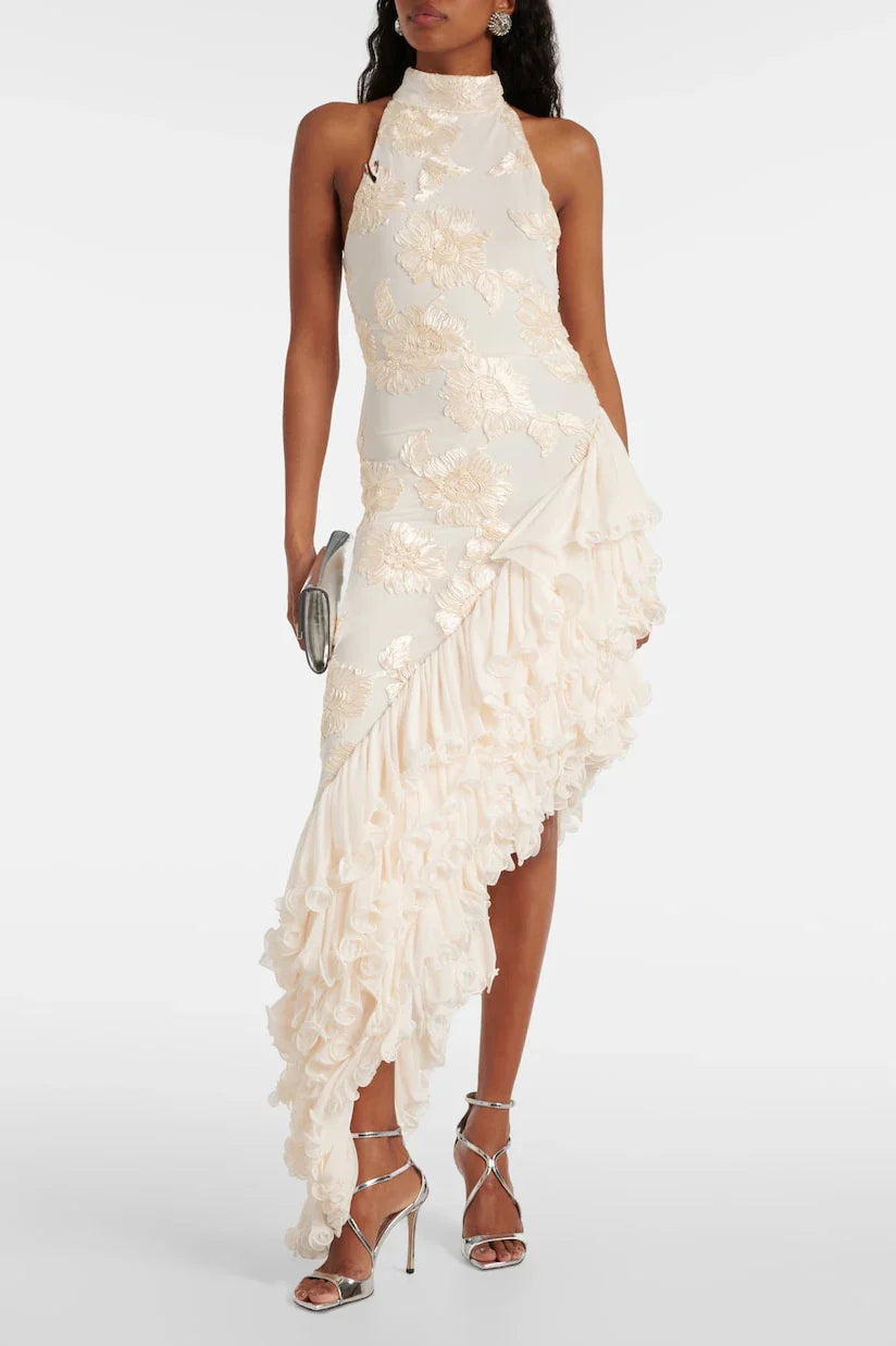 Asymmetrisk Kjole med Blomsterbroderi | Chiffon | Elegant & Sofistikeret
