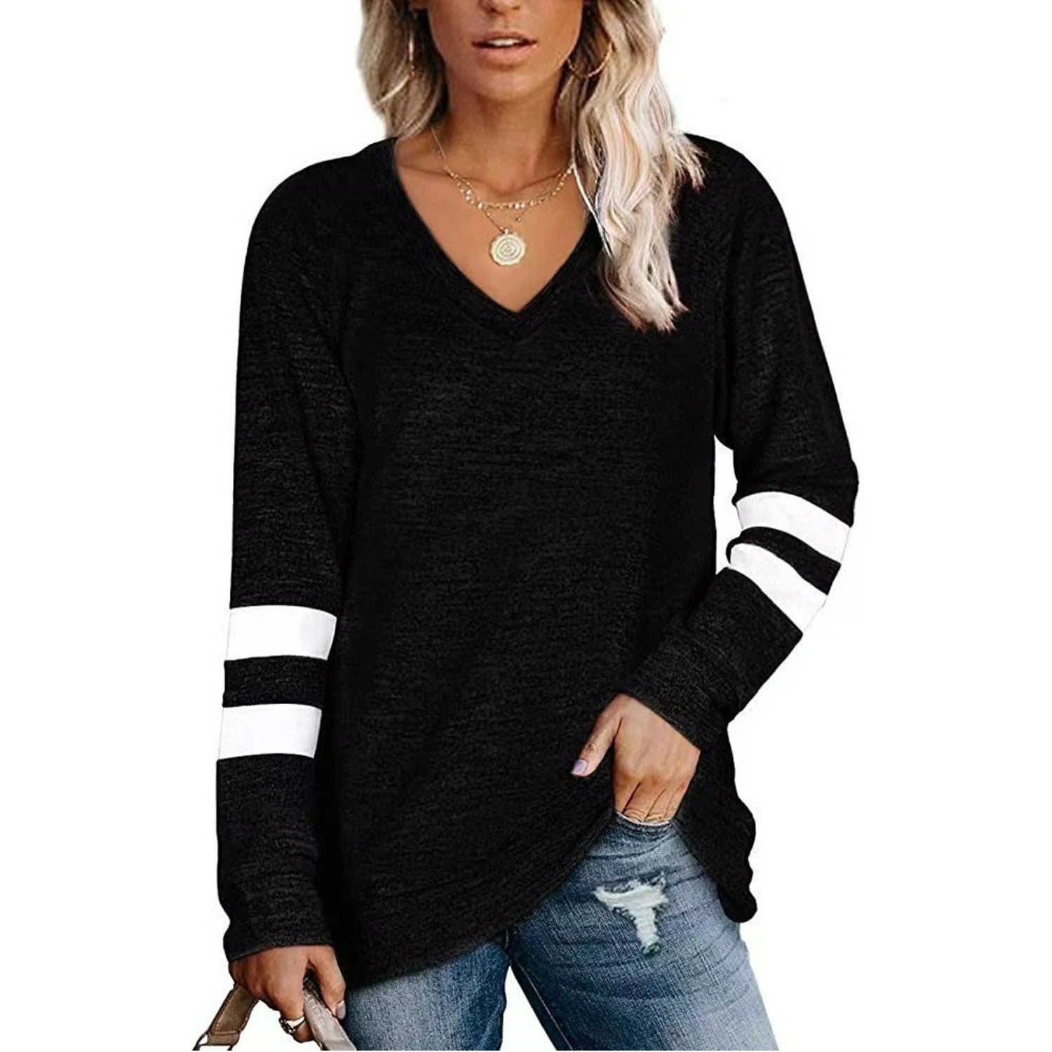 MODA sort v-hals stribet dame langærmet t shirt