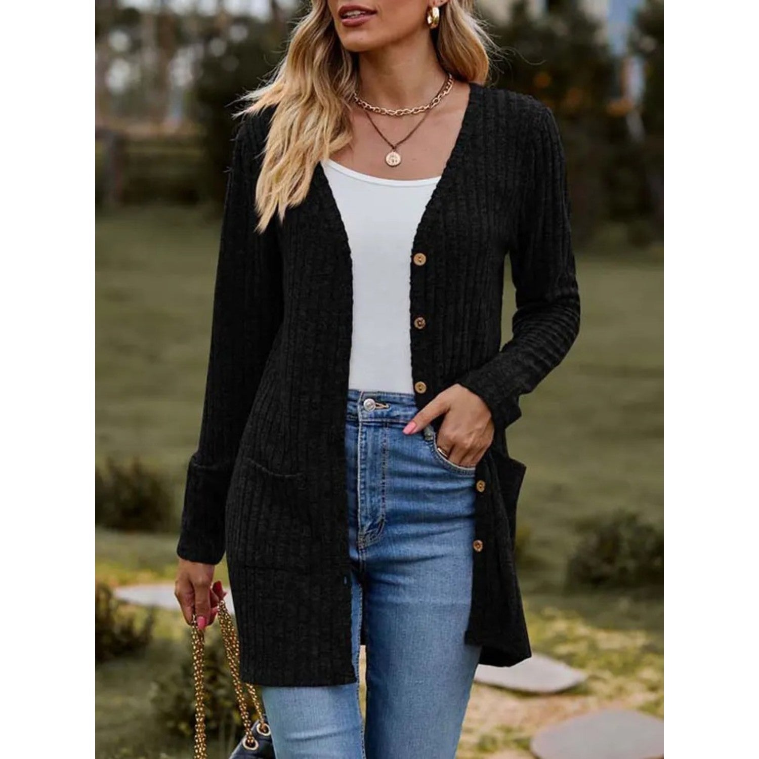 MODA Lang strikket cardigan med V-udskæring og knapper