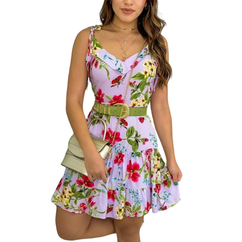 MODA hvid sommerkjole med blomsterprint og metalbælte