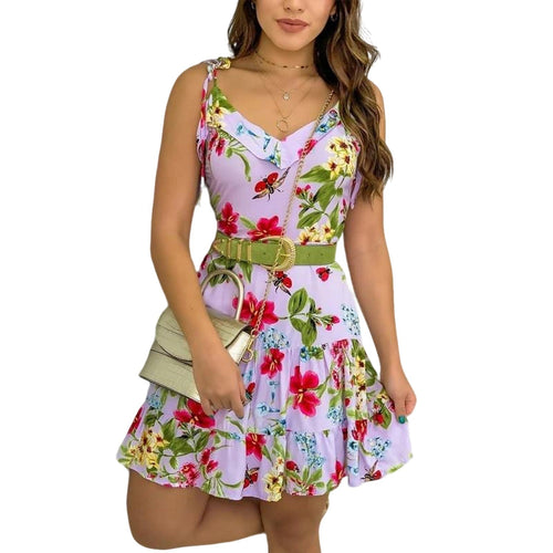 MODA hvid sommerkjole med blomsterprint og metalbælte
