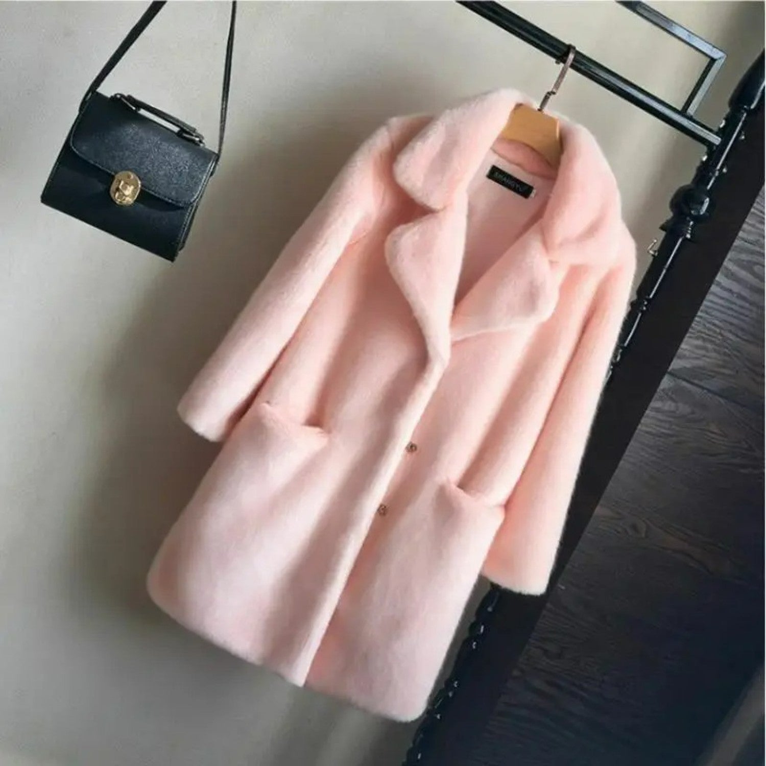 MODA Flip Down Krave imiteret pels pink hvid teddy jakke