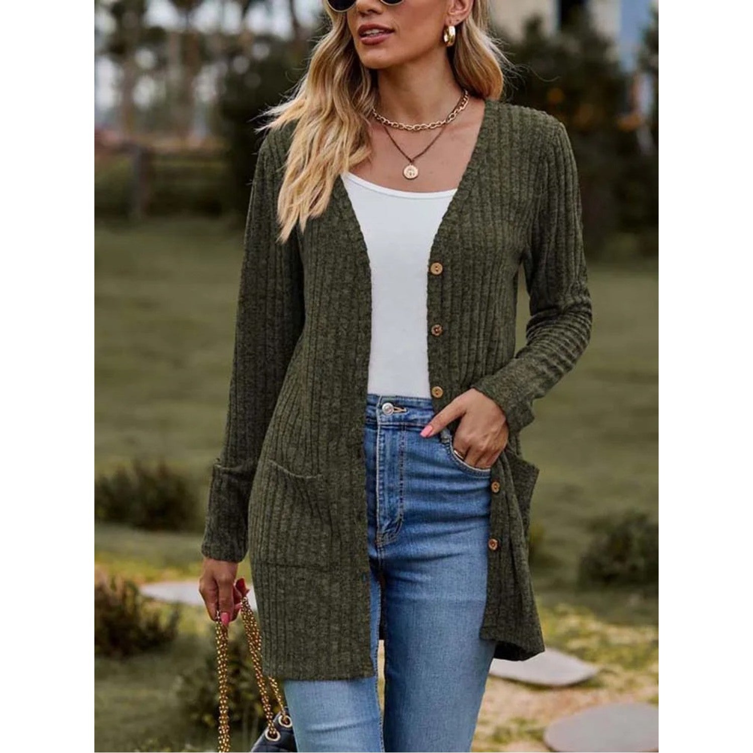 MODA Lang strikket cardigan med V-udskæring og knapper