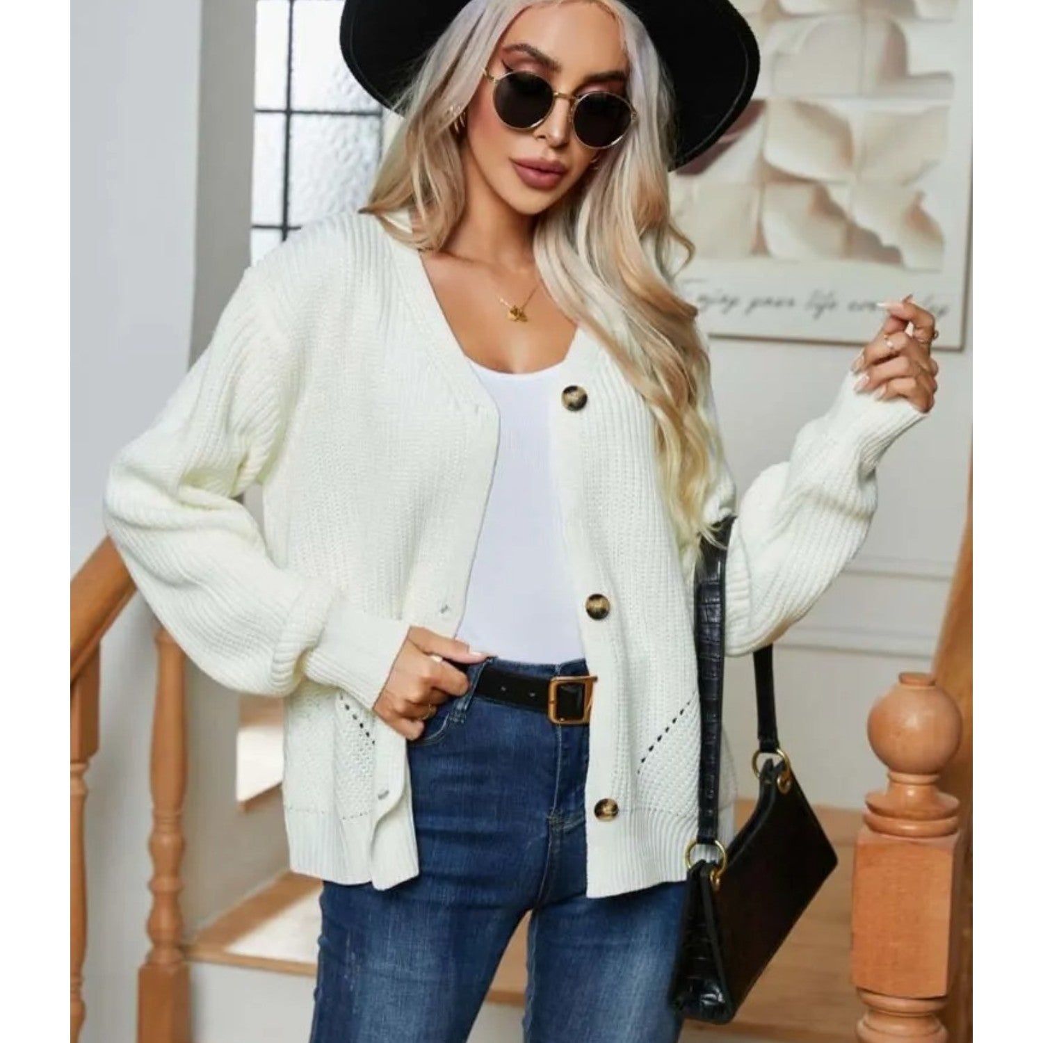 MODA Hvid, løs strik cardigan med knuder