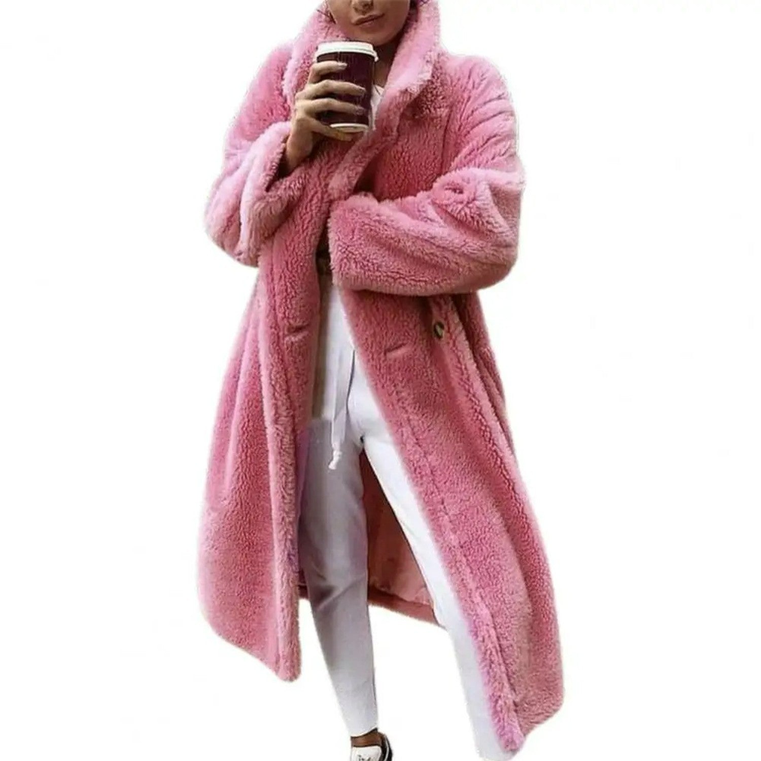 MODA Lang teddy jakke med pels og hætte, der ikke falmer