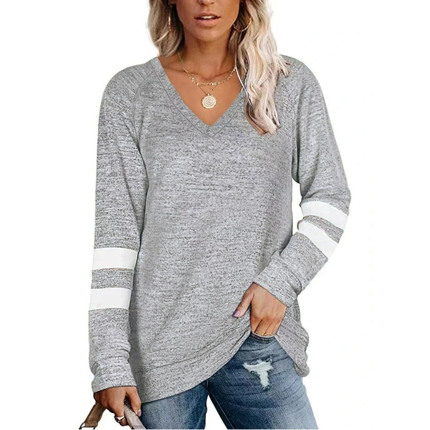 MODA sort v-hals stribet dame langærmet t shirt