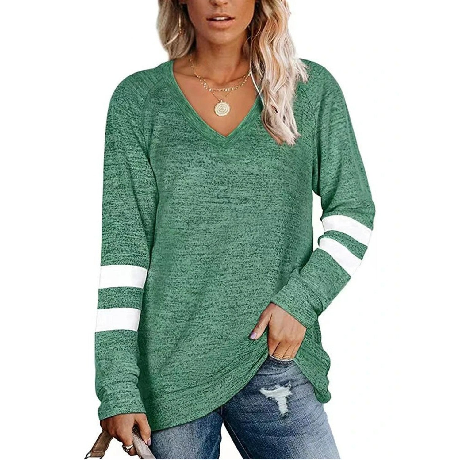 MODA sort v-hals stribet dame langærmet t shirt