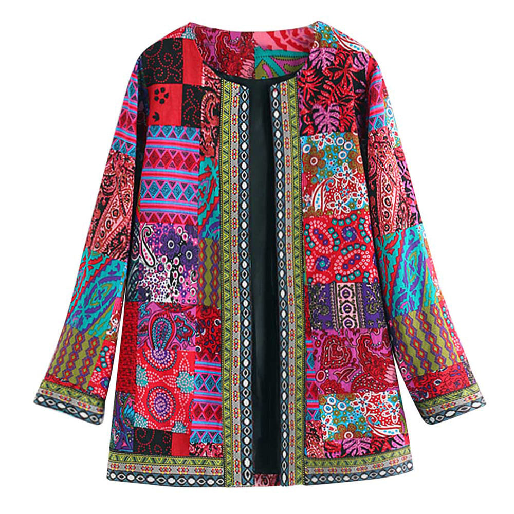 Dame Jakke - Patchwork Design - Åben Front - Lange Ærmer - Boheme Stil
