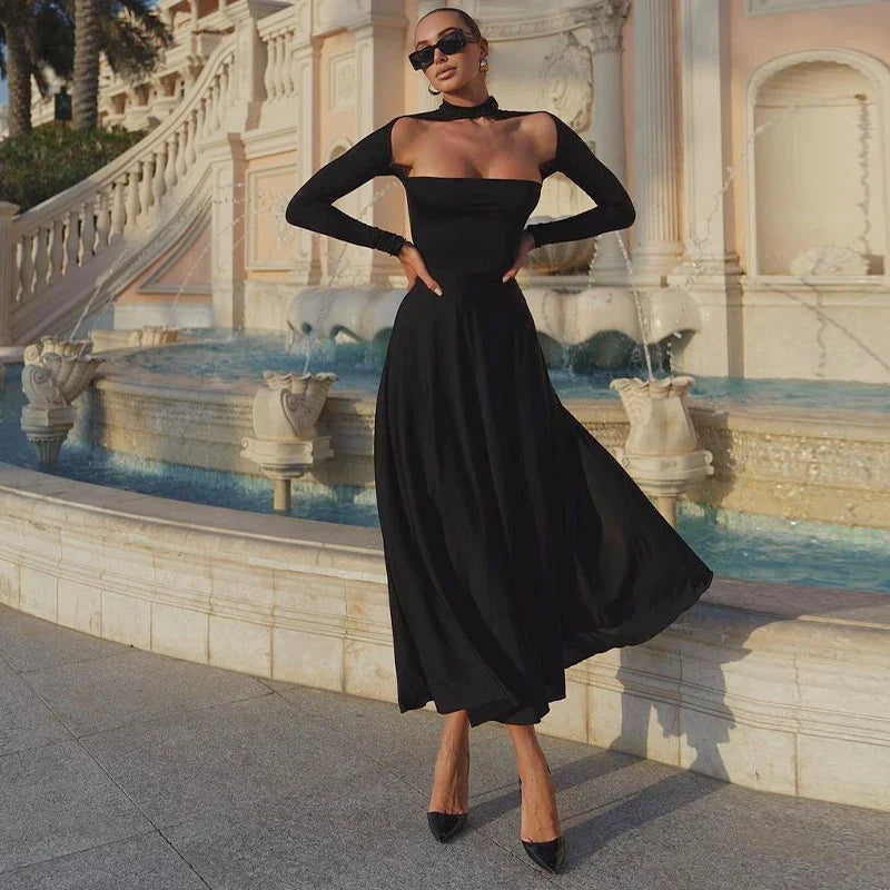 Mia - Off-the-shoulder maxikjole med tætsiddende ærmer