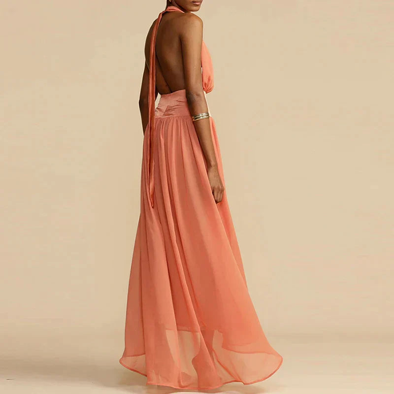 Isabella - Elegant maxikjole med fersken halterneck