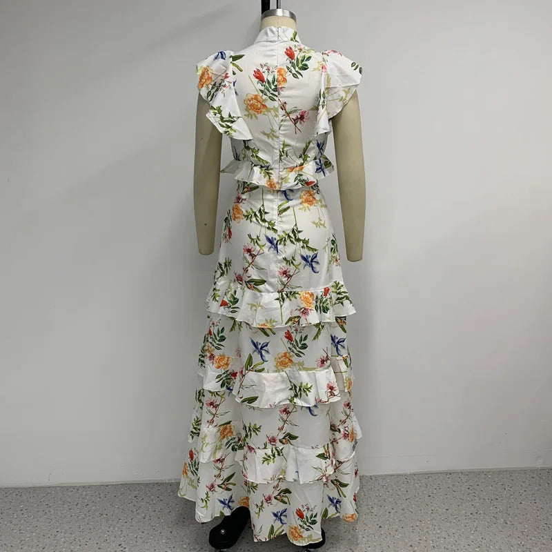 Claire - Elegant maxikjole med blomstermønstre i flere niveauer