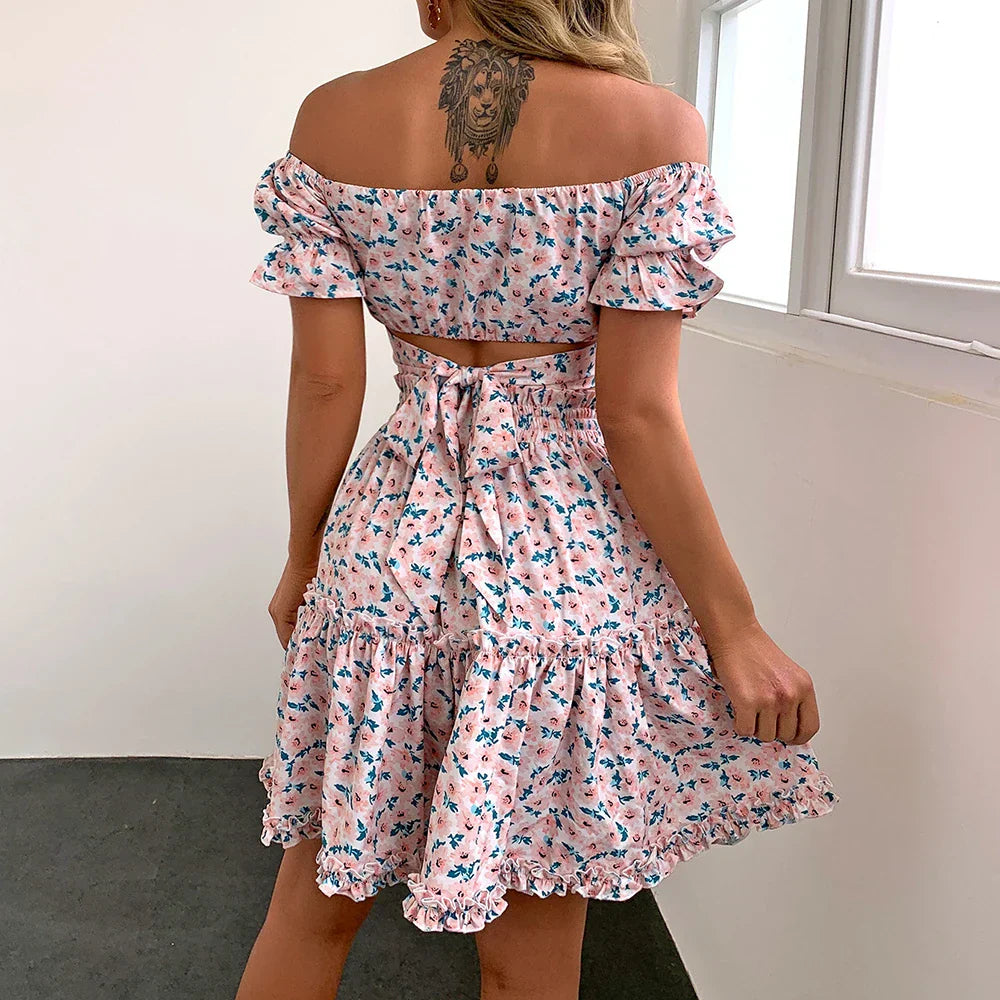 Aurelia - Blomstret boho crop top med flæseskørt