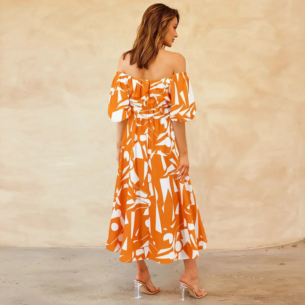 Bianca - Livlig off-the-shoulder midikjole med et geometrisk mønster