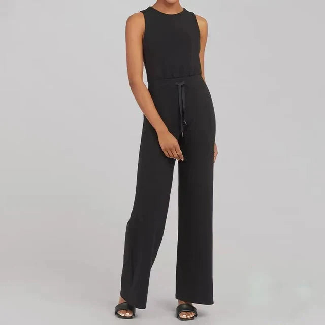 Mia - ærmeløs jumpsuit med brede ben og bindebånd i taljen