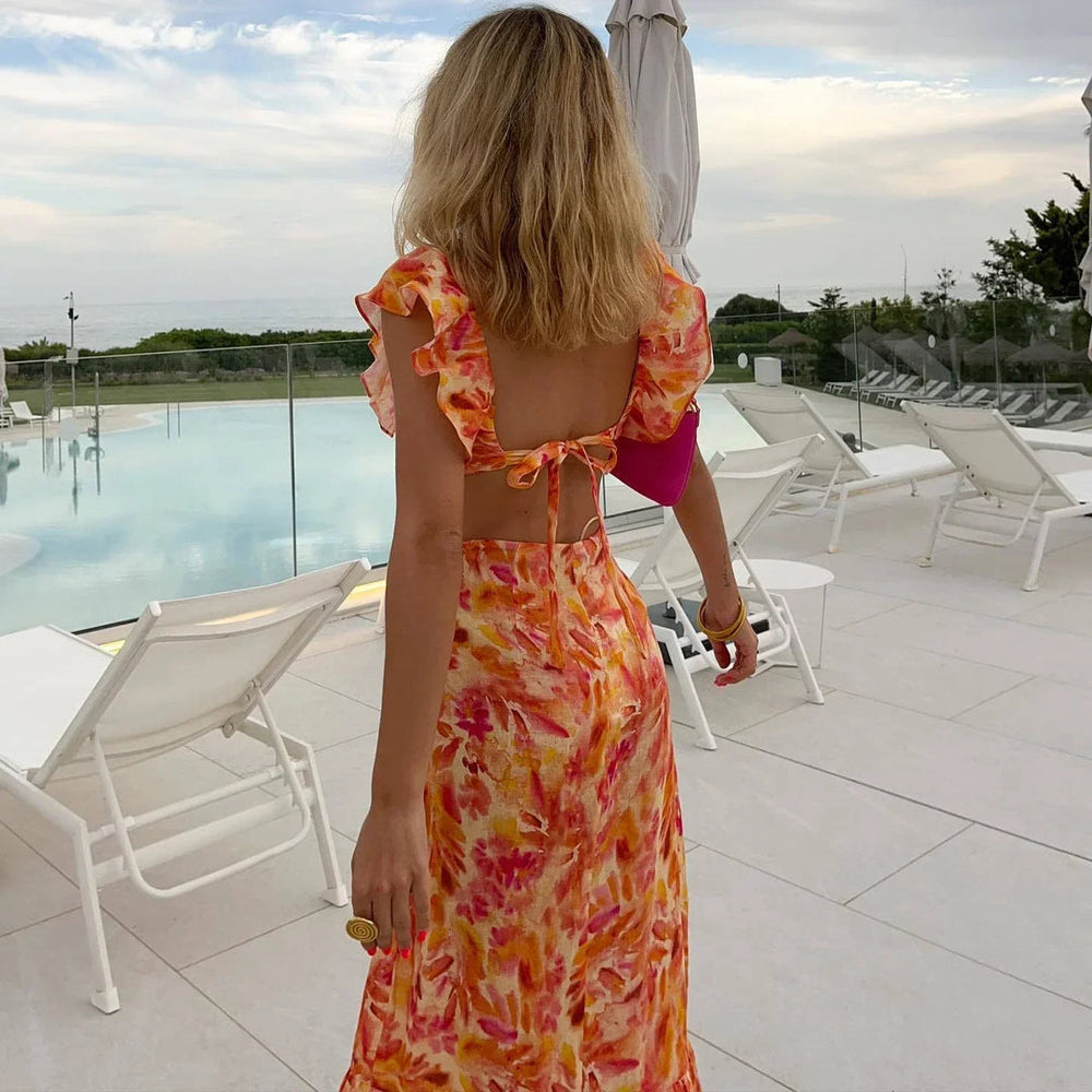 Coralia - Levende floral print flæse maxi kjole