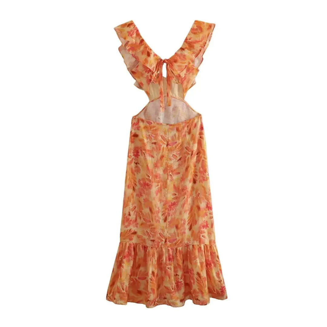 Coralia - Levende floral print flæse maxi kjole