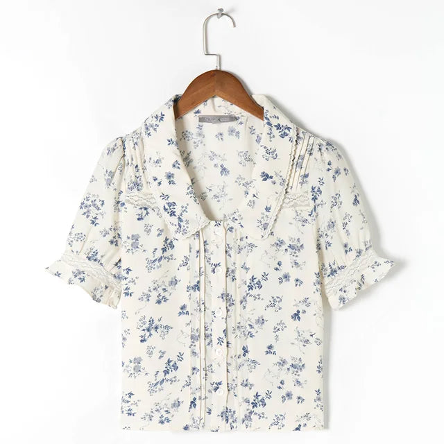 Dahlia - vintage blomstret bluse med blondekant