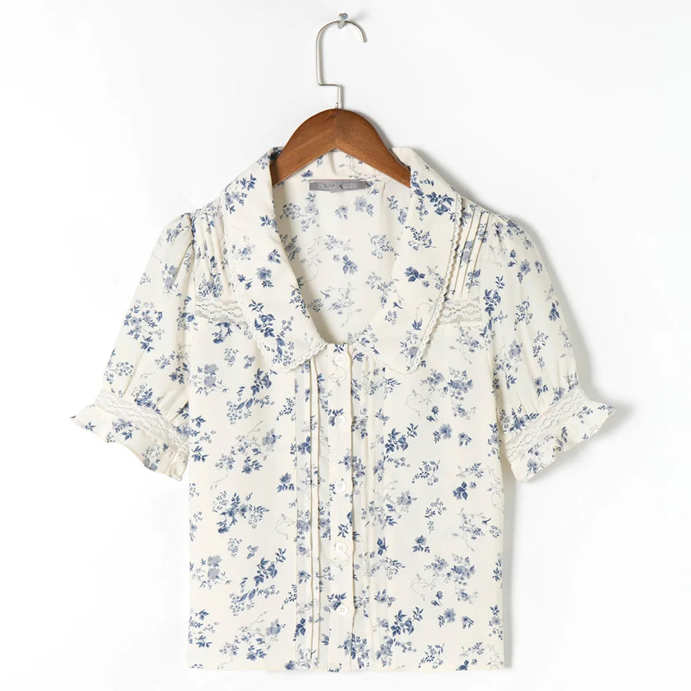 Dahlia - vintage blomstret bluse med blondekant