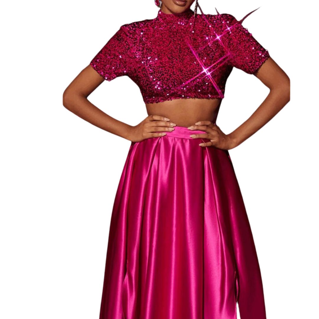 Viviana - Glitrende Crop Top og Satin Maxi Nederdel Sæt