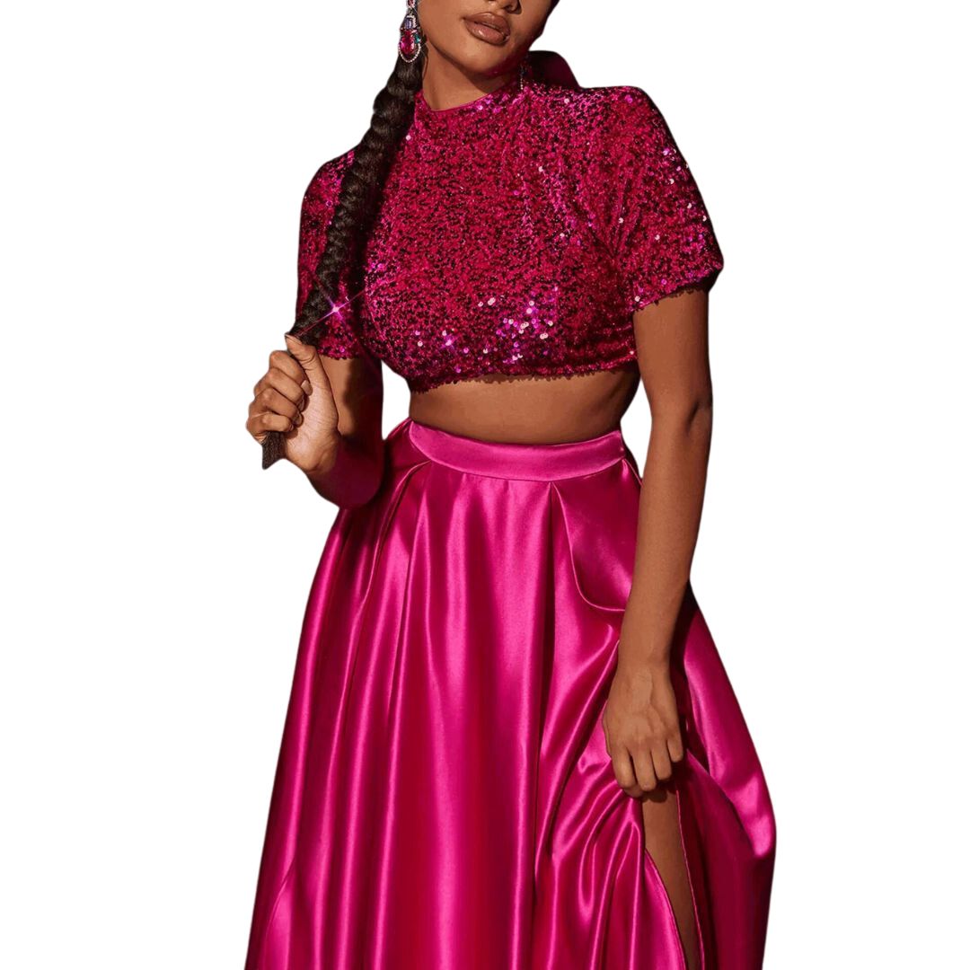 Viviana - Glitrende Crop Top og Satin Maxi Nederdel Sæt