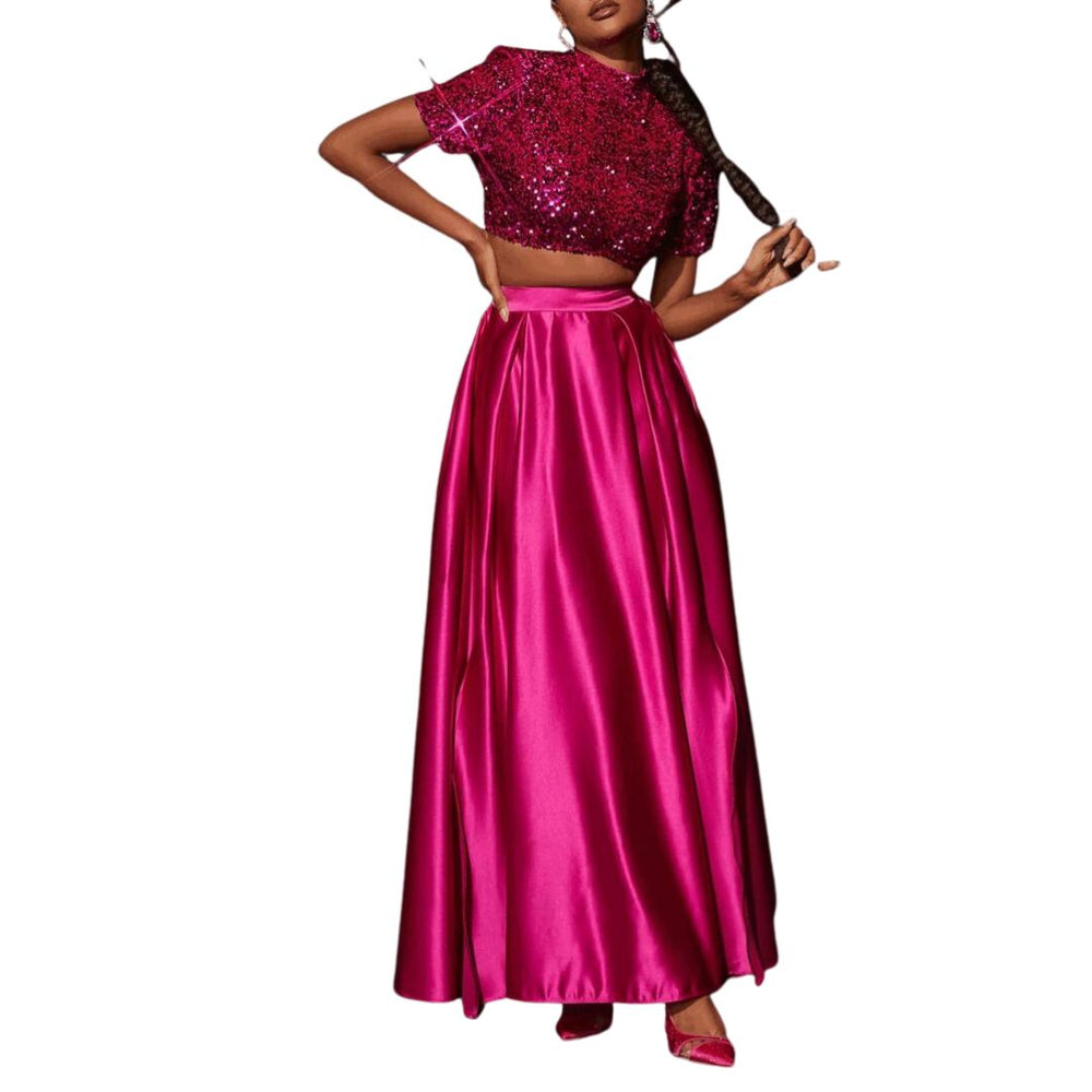 Viviana - Glitrende Crop Top og Satin Maxi Nederdel Sæt