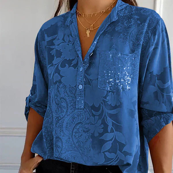 Moderigtig Top Med V-Hals Og Trendy Print Til Kvinder