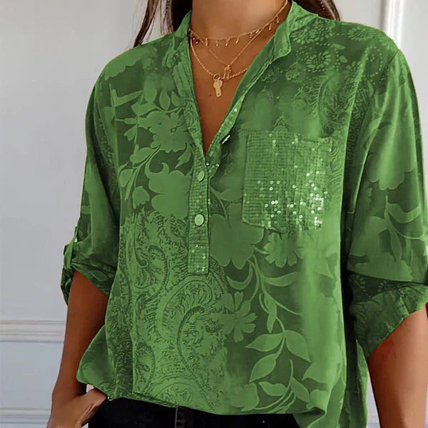 Moderigtig Top Med V-Hals Og Trendy Print Til Kvinder