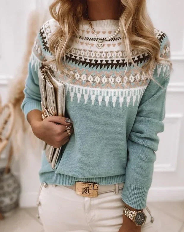 Dame Striktrøje - Fair Isle Mønster - Rund Hals - Blød og Varm