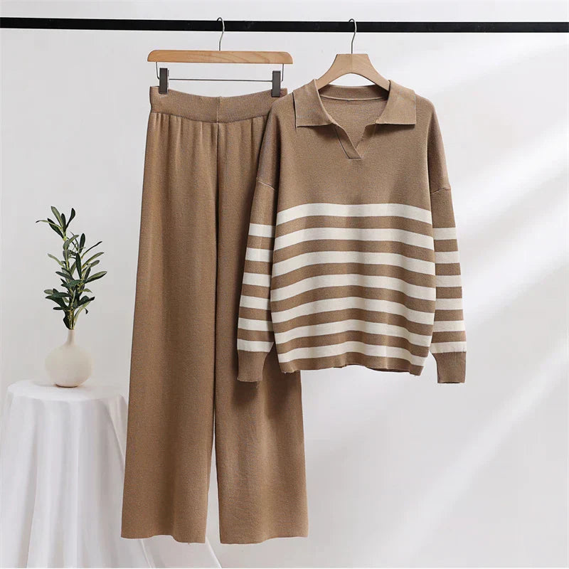 Genevieve - Stribet sweater og buksesæt med brede ben