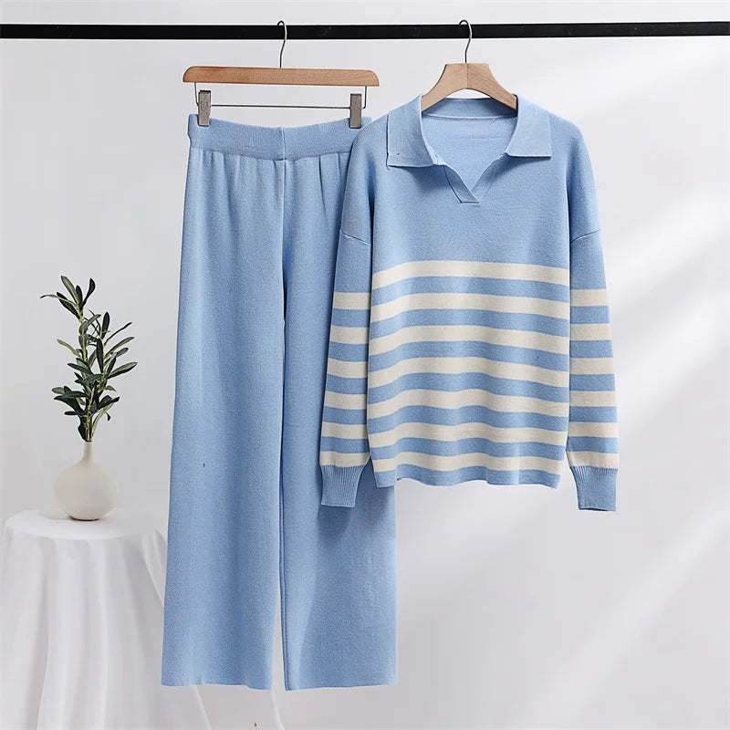 Genevieve - Stribet sweater og buksesæt med brede ben