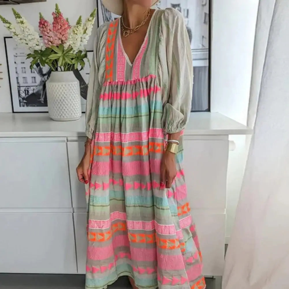 Fiona - Farverig stribet midi sommerkjole med pufærmer