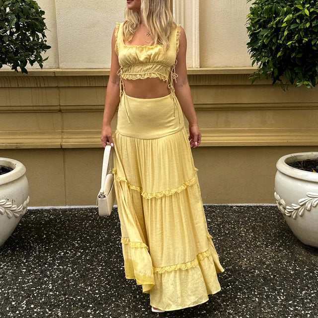 Bianca - Boheme todelt kjole med flæser og crop top