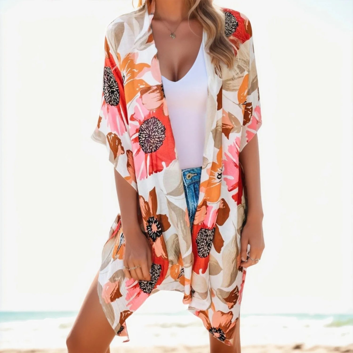 MODA orange blomsterprint åndbar kimono