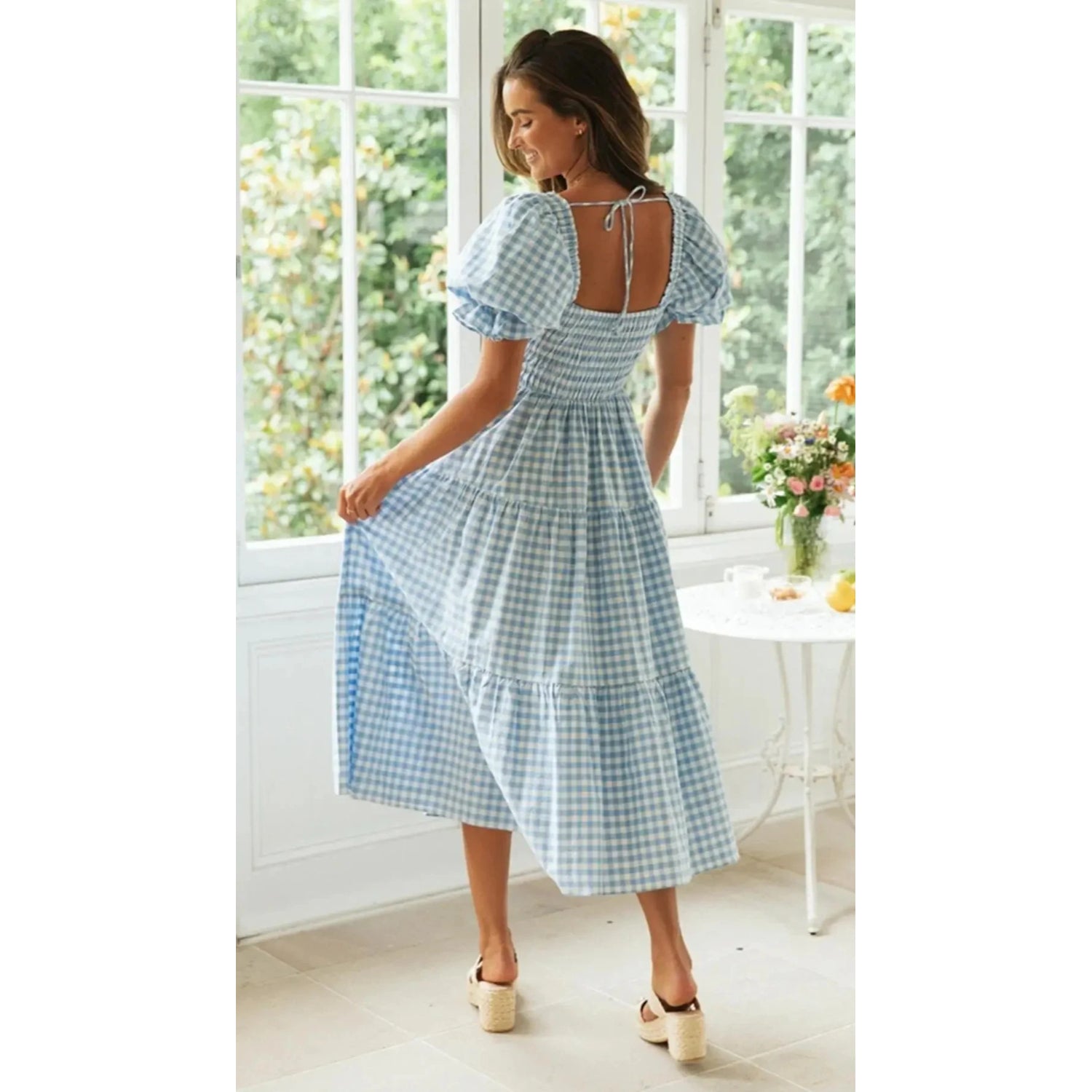 MODA kort pufærmet sommerkjole med plaidprint