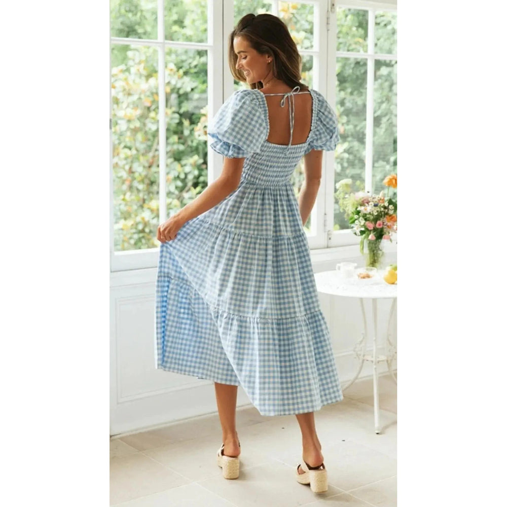 MODA kort pufærmet sommerkjole med plaidprint