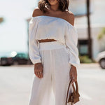 Helena off-the-shoulder crop top og brede ben bukser sæt