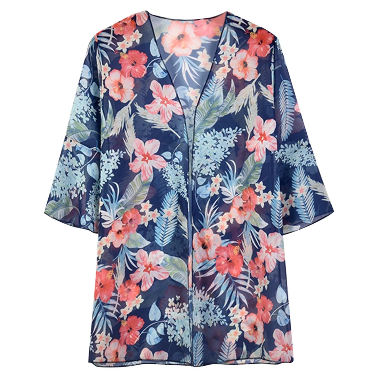 MODA blå blomsterprintet kimono med v-hals