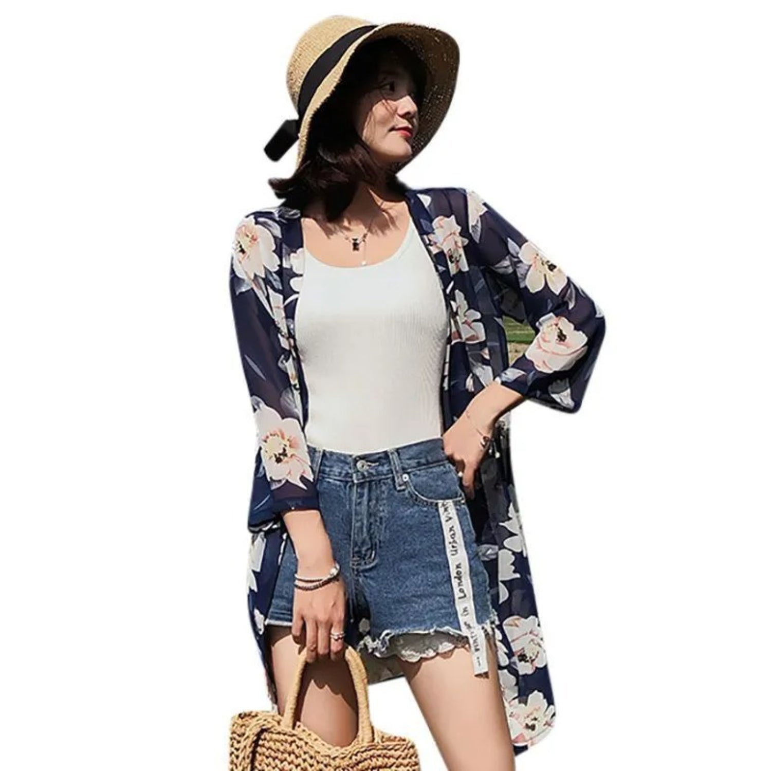 MODA blå transparent kimono med blomsterprint