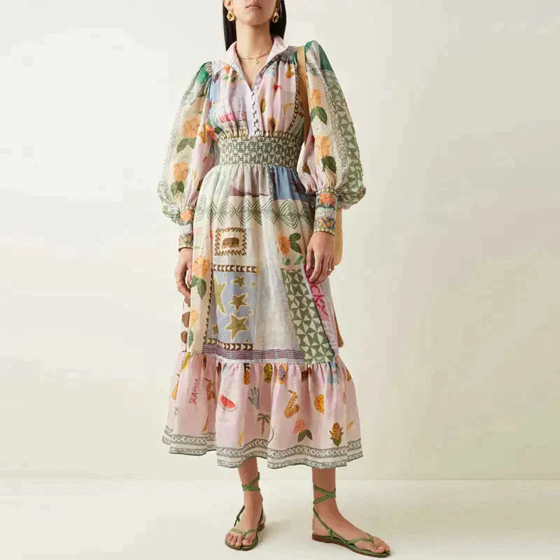 Helena - Boheme maxikjole med patchwork og frugtmotiver