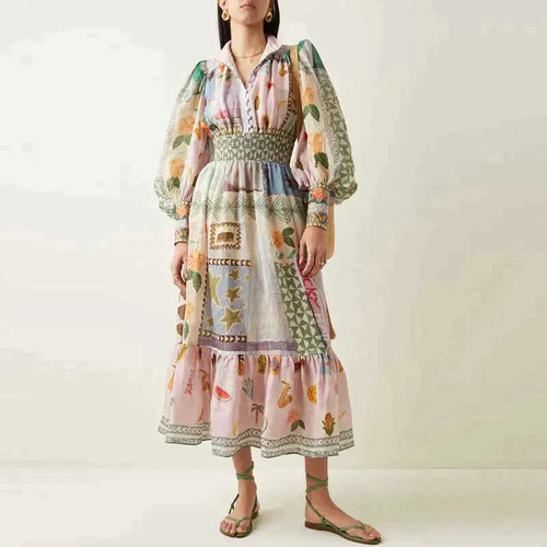 Helena - Boheme maxikjole med patchwork og frugtmotiver