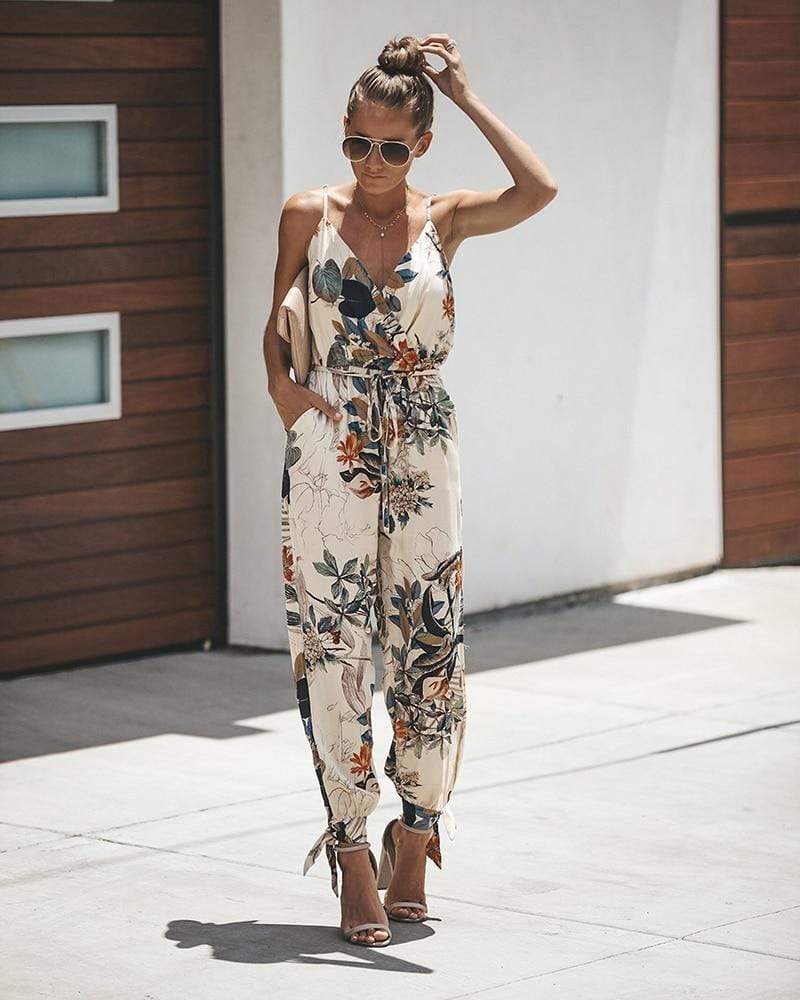 Boho Beige Jumpsuit med farverige Blomster