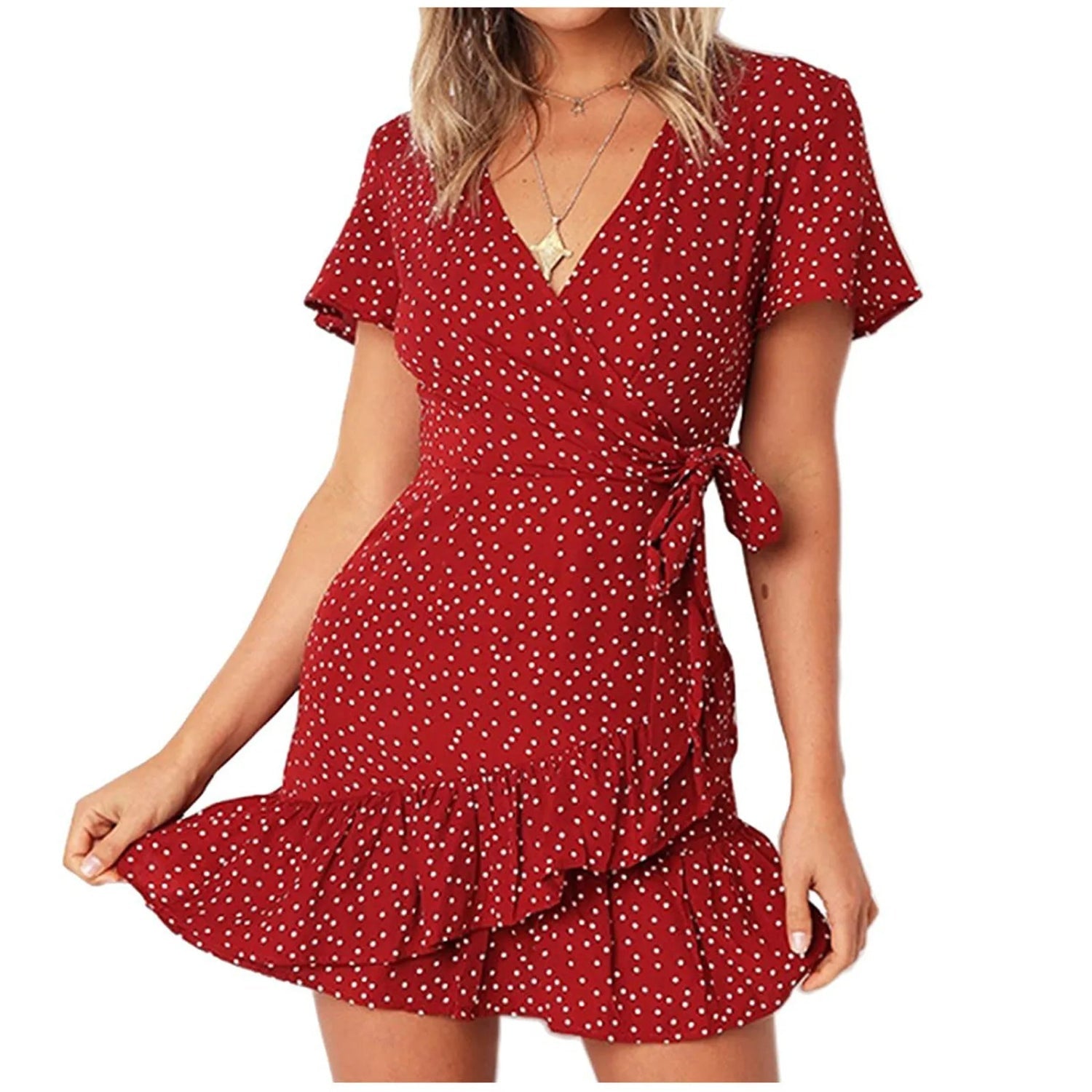 MODA sommerkjole med flæse i chiffon med prikker