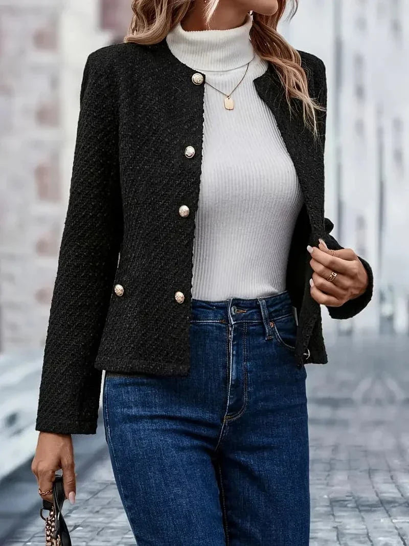 Dame Tweed Jakke - Taljeret Pasform - Rund Hals - Længde til Hofterne - Elegante Knapper
